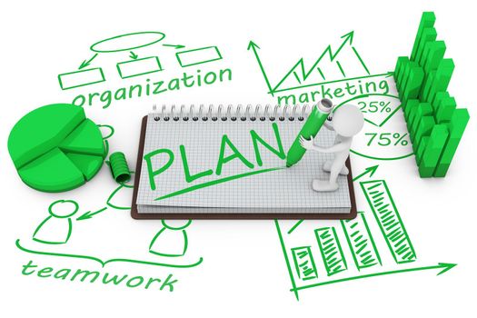 man on the notepad on the background of different infographics wrote word - plan