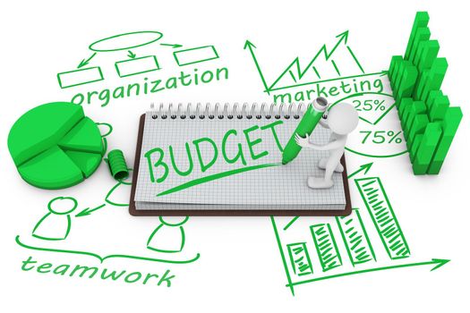 man on the notepad on the background of different infographics wrote word - budget