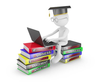 man with laptop sitting on a pile of books on the study of business
