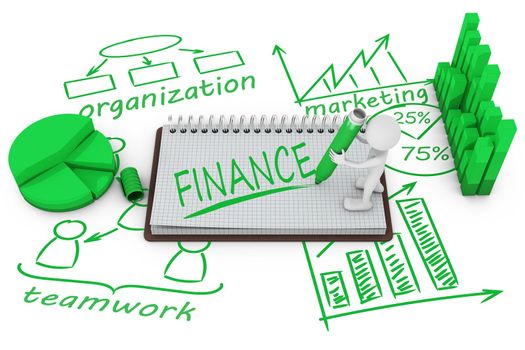 man on the notepad on the background of different infographics wrote word - finance