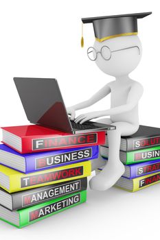man with laptop sitting on a pile of books on the study of business