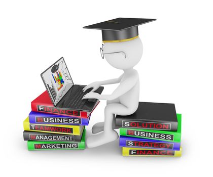 man with laptop sitting on a pile of books on the study of business