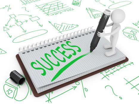 man on the notepad on the background of different infographics wrote word - success