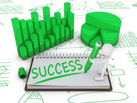 man on the notepad on the background of different infographics wrote word - success