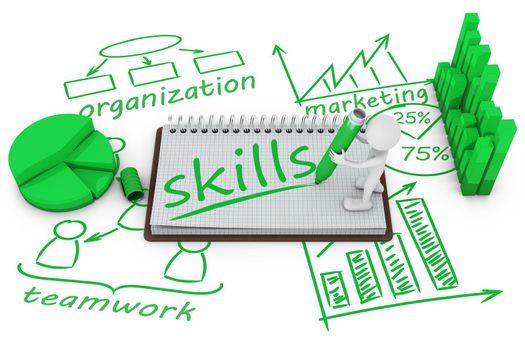 man on the notepad on the background of different infographics wrote word - skills