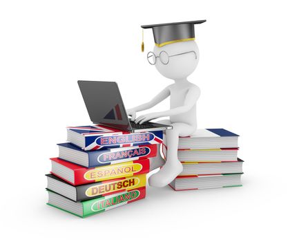 man with laptop sitting on a pile of books on learning of languages