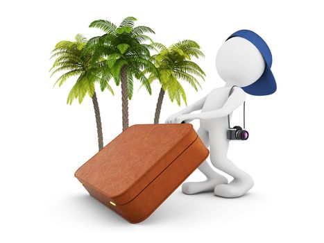 man with a suitcase and a camera on the background of palm trees