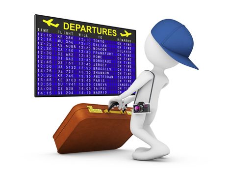 man with a suitcase and a camera on the background of departures board