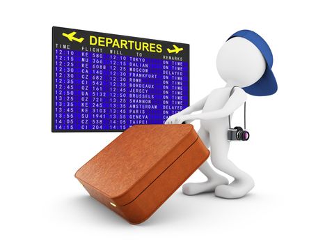 man with a suitcase and a camera on the background of departures board