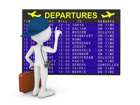 man with a suitcase and a camera on the background of departures board