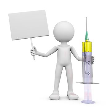Man with a signboard and a syringe with medicine