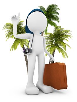 man with a suitcase and a camera on the background of palm trees