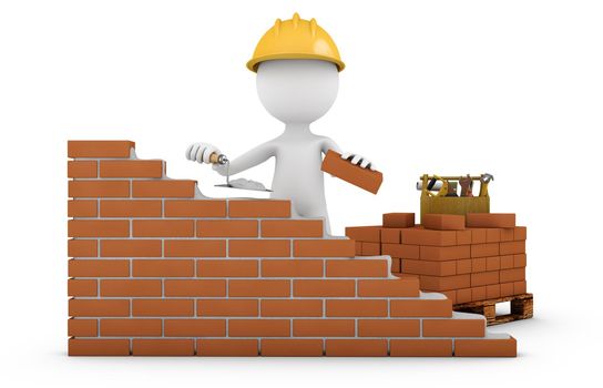 a man with a trowel building a brick wall