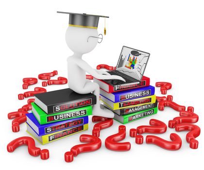 Man with laptop sitting on a stack of books on the study of business and scattered around the question marks.