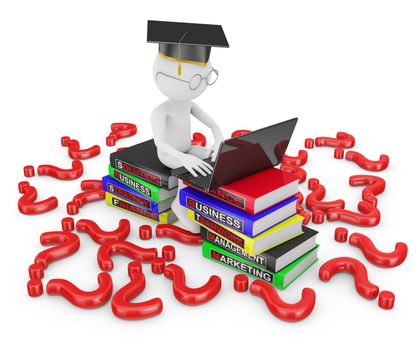 Man with laptop sitting on a stack of books on the study of business and scattered around the question marks.