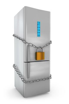 refrigerator with a lock and chain on white background