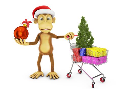 Monkey with cap of Santa and cart with gifts and Christmas tree.