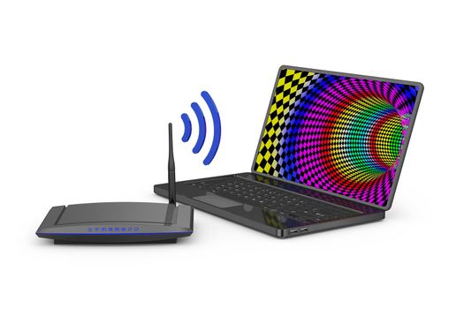 modern router with a blue signal and a laptop