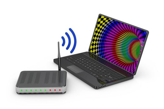 modern router with a blue signal and a laptop