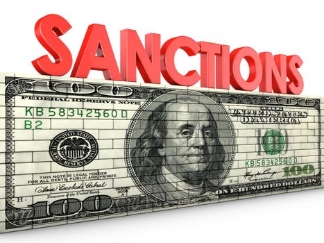 brick wall with a picture of the dollar and the word of the red letters - sanctions