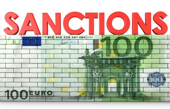 brick wall with a picture of the euro and the word of the red letters - sanctions