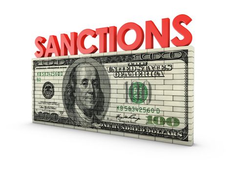 brick wall with a picture of the dollar and the word of the red letters - sanctions