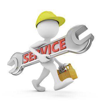 man in a helmet holding a toolbox and a huge wrench with an inscription - Service