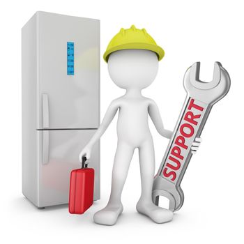 man with wrench and a red suitcase on background refrigerator