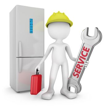 man with wrench and a red suitcase on background refrigerator