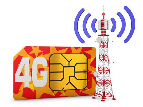 Sim card with the inscription 4G and telecommunication tower with signal.