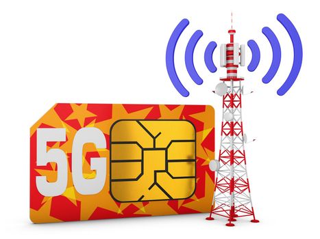 Sim card with the inscription 5G and telecommunication tower with signal.