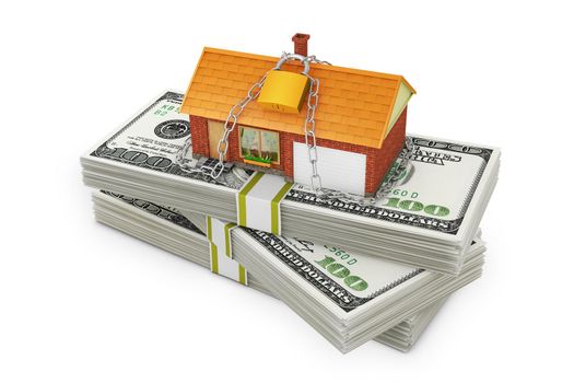 small house coiled chain with a lock on dollar bills