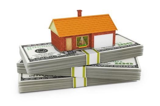 small house and dollar bills on a white background