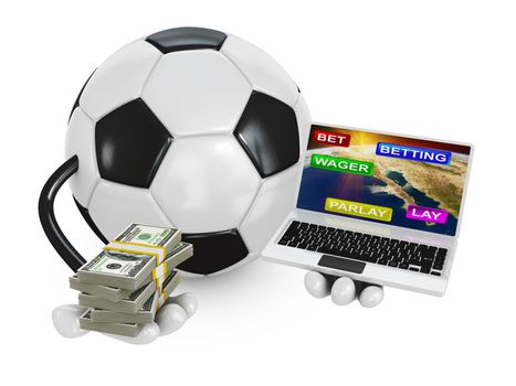 soccer ball holds the a pack of dollars and laptop