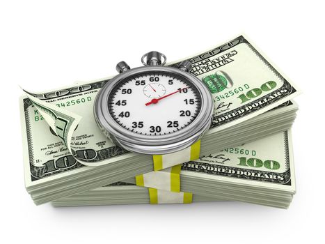 a stopwatch and pack of dollar banknotes