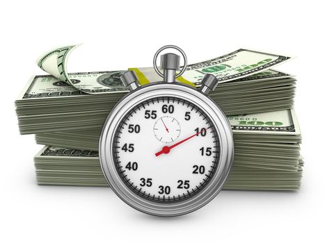 a stopwatch and pack of dollar banknotes