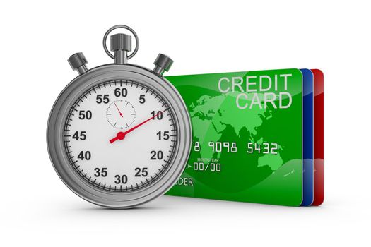 Mechanical stopwatch and three colored credit cards