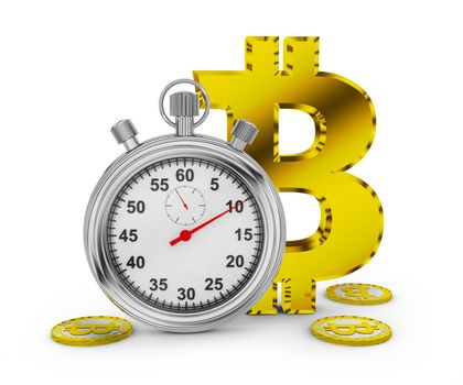 Mechanical stopwatch and Bitcoin symbol on a white background