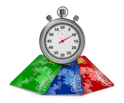 Mechanical stopwatch and three colored credit cards
