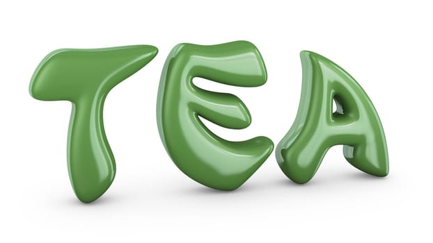 Tea - volumetric green sign on a white background, 3d render.
