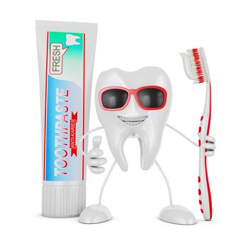 Smiling tooth with glasses holding a toothbrush near the a tube of toothpaste.