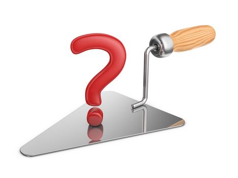 metallic trowel and a question mark on a white background