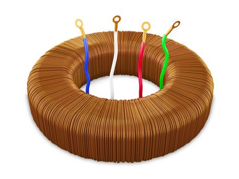 toroidal electrical transformer with colored wires, 3d render