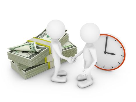 two man on background packs of dollars and clock