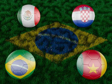 four balls on the grass with the image of the flag of Brazil