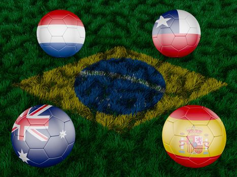 four balls on the grass with the image of the flag of Brazil