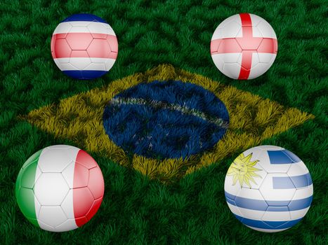 four balls on the grass with the image of the flag of Brazil
