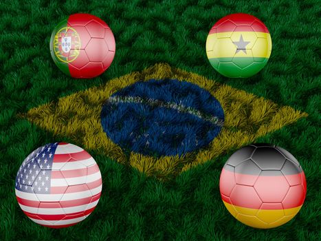 four balls on the grass with the image of the flag of Brazil
