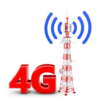 Telecommunication tower with the emitted signal and the red letters: 4G