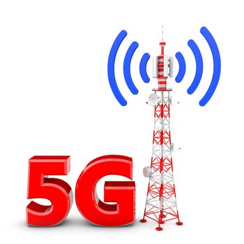 Telecommunication tower with the emitted signal and the red letters: 5G